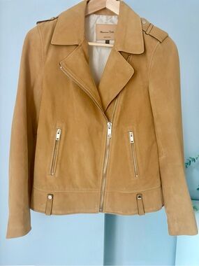 Massimo Dutti Genuine Suede Moto Jacket Camel Tan Biker Silver Hardware Size XS